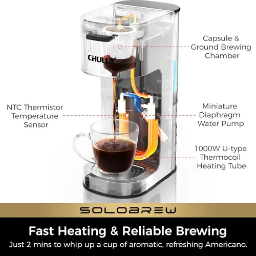 Miniatura 9 de CHULUX SoloBrew Cafetera de una sola porción, para taza K y molida, 3 tamaños de preparación con botón fuerte y función de hielo, depósito extraíble