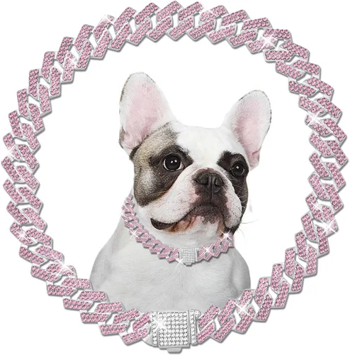 Miniatura 11 de Cadena de metal con diamantes para perros con hebilla segura, collares para mascotas para perros grandes y medianos Azul Blanco