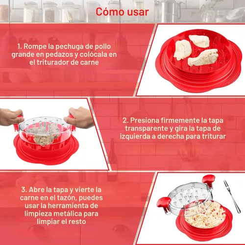 Miniatura 7 de SURETIVIAN Desmenuzadora de Pollo Desmenuzadora de Pechuga de Pollo Grande Herramienta Giratoria con Cepillo y Tenedor, Máquina Desmenuzadora de Rojo