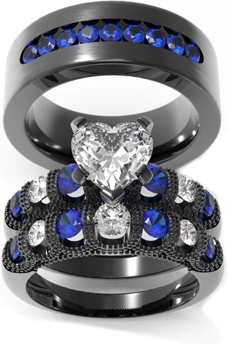Miniatura 54 de Conjunto de dos anillos de boda para él y para ella, anillos para parejas. Anillos de compromiso para novia en acero inoxidable chapado en oro Blanco