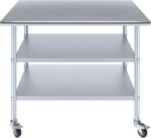 Miniatura 2 de AmGood Mesa de trabajo de acero inoxidable con 2 estantes y ruedas Mesa de trabajo de metal con ruedas