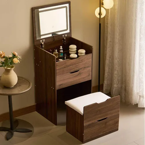 Escritorio de tocador 3 en 1 con luces y espejo abatible, juego de mesa de maquillaje pequeño con cajones y silla de almacenamiento, parte superior