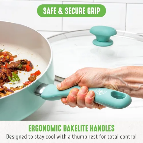 Miniatura 6 de GreenLife Soft Grip Diamond Sartén para Saltear Jumbo de Cerámica Antiadherente Saludable de 5QT con Mango Auxiliar y Tapa, Libre de PFAS, Apto