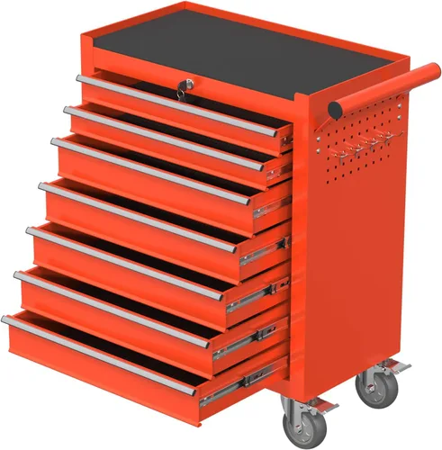 Miniatura 9 de Caja de herramientas con ruedas de 5 cajones, armario de almacenamiento de herramientas de metal con cerradura y llaves y giratorio, caja de Naranja