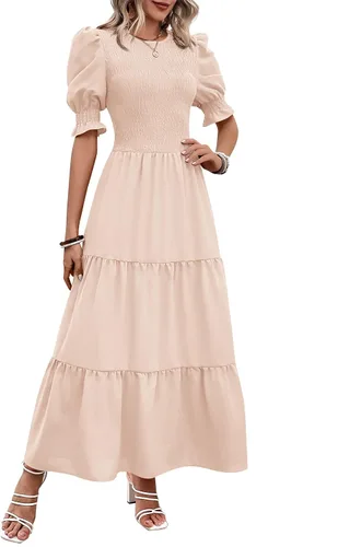 Miniatura 32 de BTFBM Vestidos para mujer, cuello redondo, casual, de verano, con volantes, manga corta, bohemio, con niveles, fruncido, largo, con estampado floral