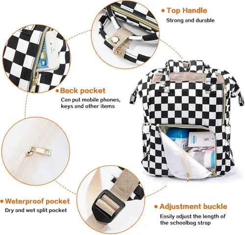 Miniatura 3 de Mochila para pañales para mamá y papá, bolsas cambiadoras de bebé impermeables multifuncionales, mochila grande para pañales cuadriculado