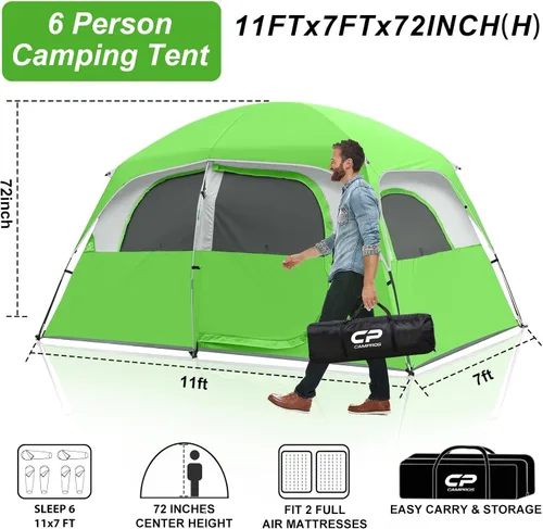 Miniatura 2 de CAMPROS CP Upgraded 6/8 Person Camping Tents, Waterproof Windproof Family Tent with Larger Mesh Windows & Door, Double Layer, Easy Set Up, Verde-6
