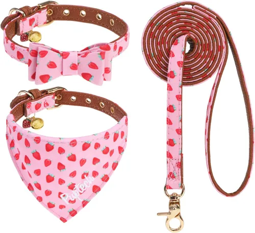 Miniatura 12 de PUPTECK Juego de collar y bandana para perro, paquete de 3 pinzas ajustables para el pelo de mascotas con pajarita y campanas, piel sintética suave