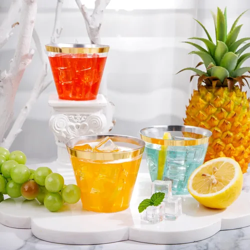 Miniatura 7 de I00000 Vasos de plástico resistentes, 9 onzas, con borde dorado, transparentes, 100 unidades, libres de BPA, desechables, para fiestas y bodas