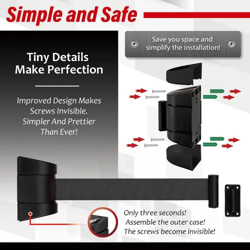 Miniatura 5 de DuraSteel Barrera retráctil para cinturón de control de multitudes de montaje en pared, cinturón de barrera retráctil negro de 9.2 pies, barreras