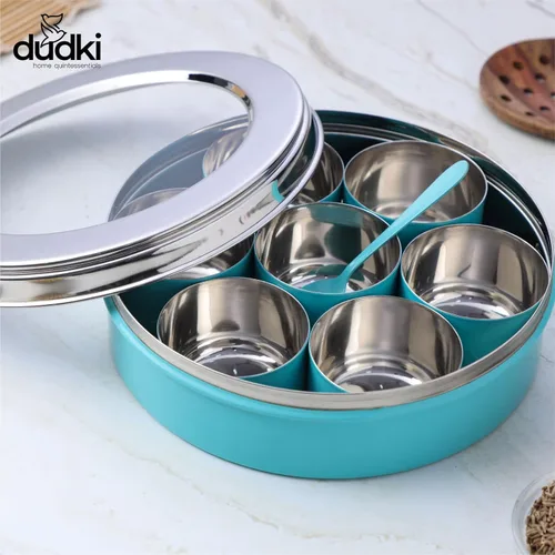 Miniatura 8 de DUDKI Homes - Caja Masala de acero inoxidable, caja de especias, Masala Dabba con organizador de cocina con tapa transparente con 7 recipientes