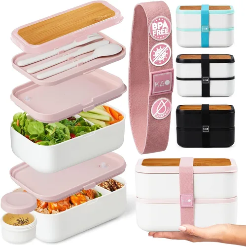 Miniatura 14 de KARRICO Caja Bento Doble Premium para Adultos, 67 onzas líquidas sin BPA - Lonchera Apilable Color Crema con Tapas y Divisores a Prueba de Fugas