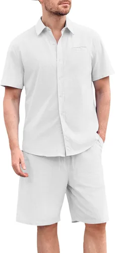 Gafeng Conjunto de 2 piezas de lino para hombre, camisa hawaiana y pantalones cortos con botones y bolsillos