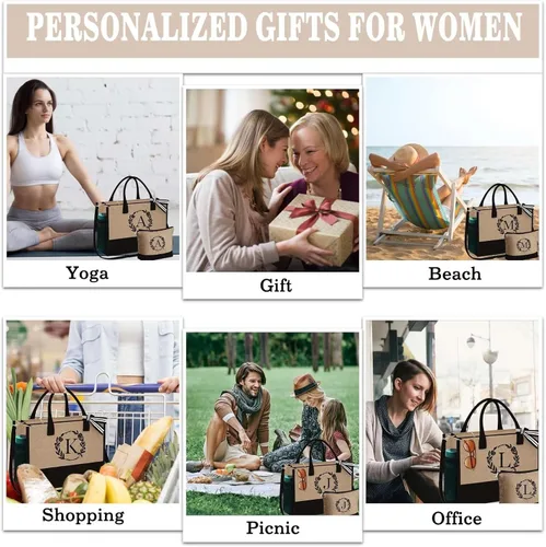 Miniatura 8 de YOOLIFE Regalos personalizados para mujeres, bolsa de yute con inicial y bolsa de maquillaje, regalos de cumpleaños para mujeres, mamá, esposa