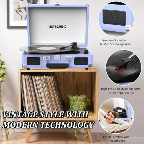 Miniatura 5 de Tocadiscos de Vinilo de 3 Velocidades Bluetooth Portátil Estilo Maleta Accionado por Correa con 2 Altavoces Estéreo Incorporados Tocadiscos