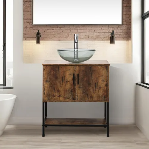 Miniatura 28 de UEV Tocador de Baño de Roble Rústico de 24" con Lavabo, Conjunto de Gabinete de Baño con Marco de Hierro Industrial con Puertas y Estante, con Combo