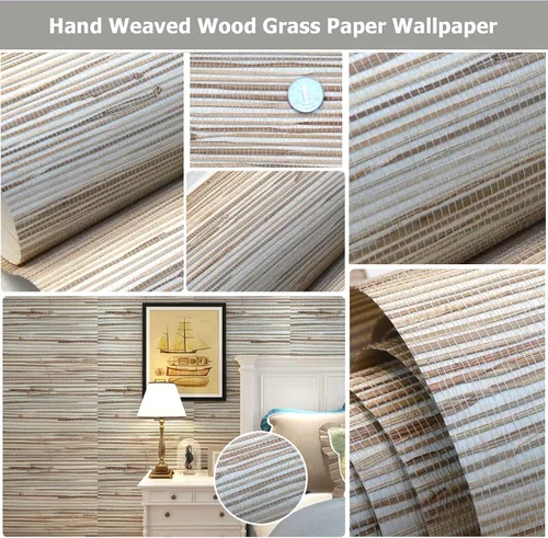 Miniatura 2 de Papel tapiz de madera tejida a mano, papel tapiz de tela de hierba texturizada, rollo de papel tapiz de tela de césped natural, papel tapiz de fibra