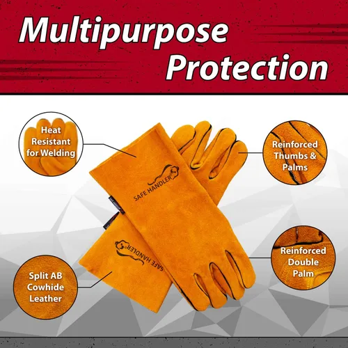 Miniatura 6 de SAFE HANDLER Guantes de soldadura reforzados de cuero para mayor destreza, refuerzo de doble palma, resistentes al calor para hornos, barbacoa