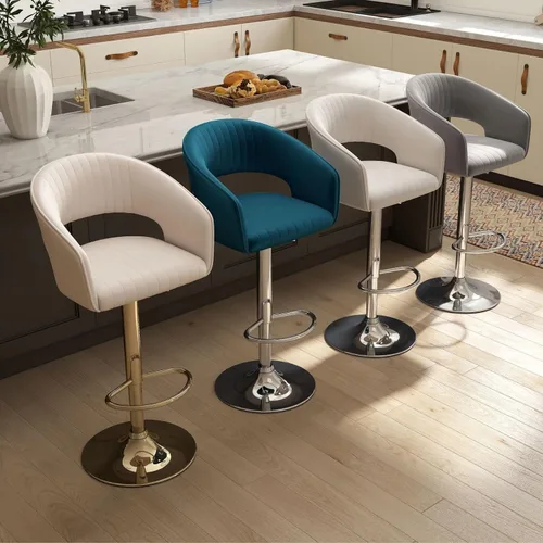 Miniatura 9 de Hyfirm Juego de 2 modernas sillas de bar de cocina con base cromada dorada, taburetes de bar giratorios ajustables con respaldo y reposapiés