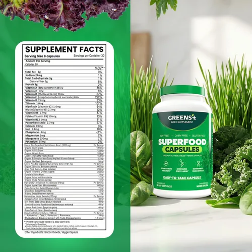 Miniatura 5 de Greens+ Superfood Organic Super Greens Cápsulas vegetales con clorela orgánica, espirulina, alfalfa y pasto de trigo, suplemento mezclado