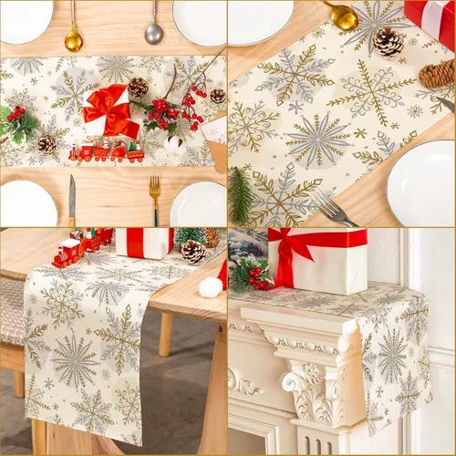 Miniatura 5 de AnyDesign Camino de mesa navideño de invierno, mantel de copo de nieve dorado y plateado, 13 x 72 pulgadas