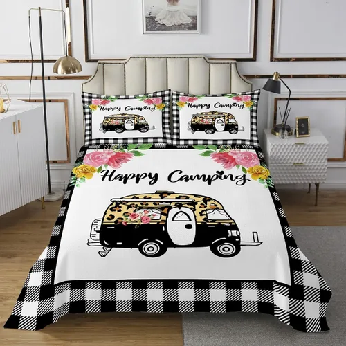 Miniatura 7 de Camper - Juego de colcha de tamaño individual, para adolescentes y niños, con diseño de feliz, acolchado y fundas de almohada, para decoración