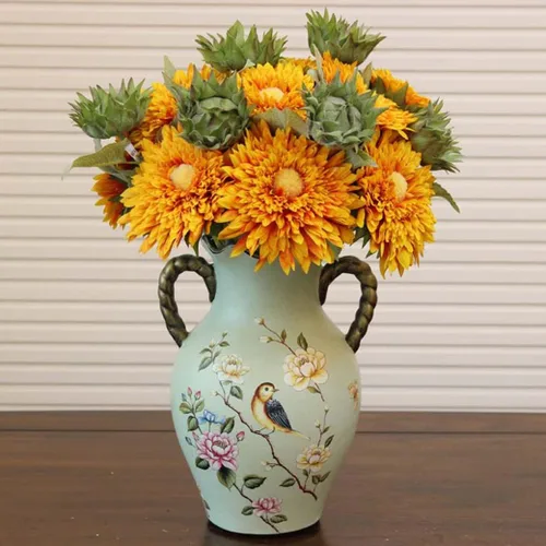 Miniatura 3 de ZHOUXIAO Jarrón moderno con asas de cerámica para decoración del hogar, diseño de pájaro de porcelana china tradicional verde, florero de flores