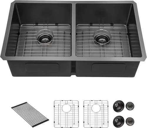 Miniatura 14 de Sarlai Fregadero de Cocina Dorado Bajo Encimera de 33 Pulgadas Doble Tazón 33 x 19 Pulgadas Bajo Dividido Dorado Estación de Trabajo Fregadero Doble