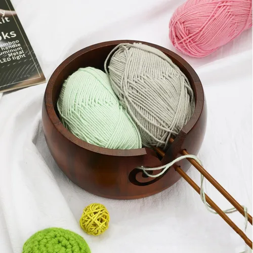 Miniatura 5 de Joyeee Cuenco de almacenamiento de hilo de madera hecho a mano, 6 pulgadas con agujeros tallados y perforados, regalo para entusiastas de tejer
