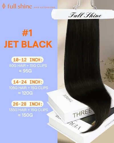 Miniatura 2 de Full Shine - Extensiones de clip de cabello humano, extensiones doble capa de cabello brasileño lacio - Color 1, negro azabache, 7 piezas, 4.2 onzas