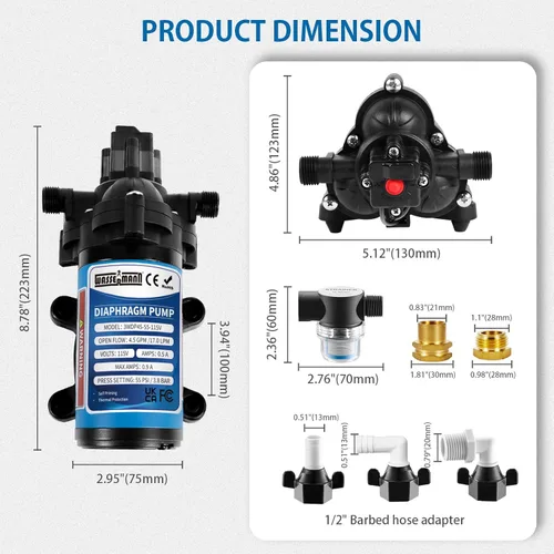 Miniatura 5 de WASSERMANN 115V AC Water Diaphragm Pump,4.5GPM 55PSI 1/2" NPSM with 8.2ft Power Cord & Plug,Self-Priming Fresh Water Pressure Booster Pump,Pressure