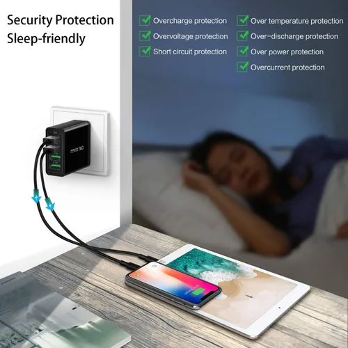 Miniatura 5 de Cargador de pared 3.0 de carga rápida, bloque de cargador USB de 4 puertos, adaptador de corriente iSeekerKit Multi USB, enchufe de caja de carga