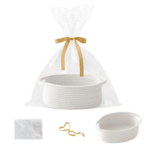 Miniatura 40 de Paquete de 2 canastas pequeñas de cuerda tejida, cesta de regalo vacía con bolsa y cintas, bonita caja organizadora con asa para cumpleaños/baby