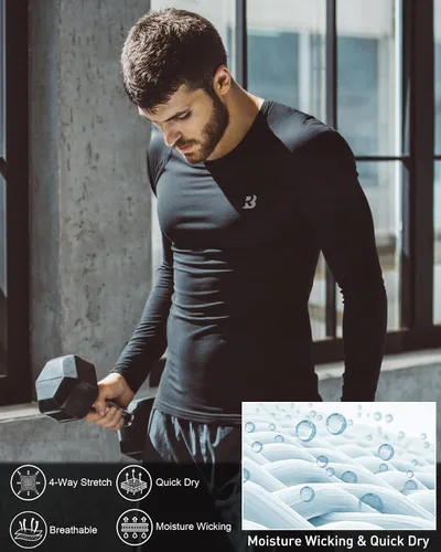 Miniatura 5 de Roadbox Camisa de compresión para hombre, de manga larga, secado fresco, para entrenamiento, correr, atletismo, fútbol, gimnasio, capa base, UPF 50+