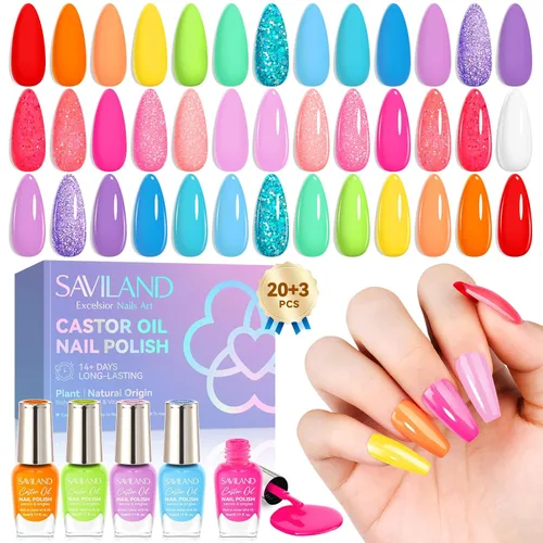 SAVILAND Juego de esmaltes de uñas: esmalte de uñas de secado rápido, 20+3 piezas de esmalte de uñas regulares con purpurina verde neón brillante,