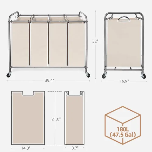 Miniatura 3 de STORAGE MANIAC Clasificador de ropa sucia de 4 secciones, 47.8 galones (181 L) con ruedas, clasificador de cestas divisoras de ropa, carrito Beige