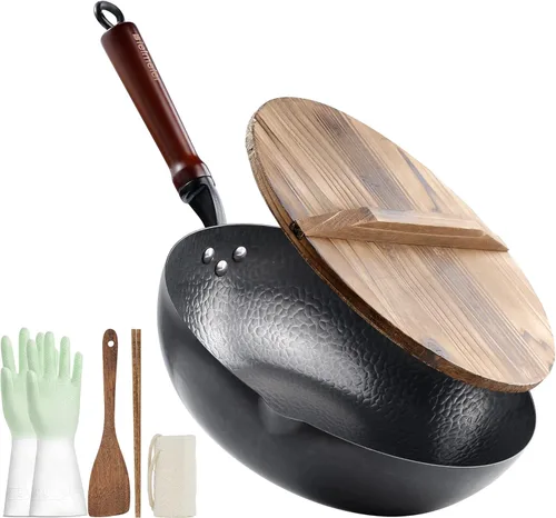 BIELMEIER - Sartén Wok de 12.5", sartén para sofrito con tapa, guantes y accesorios para ollas, de acero al carbono, adecuada para todas las estufas