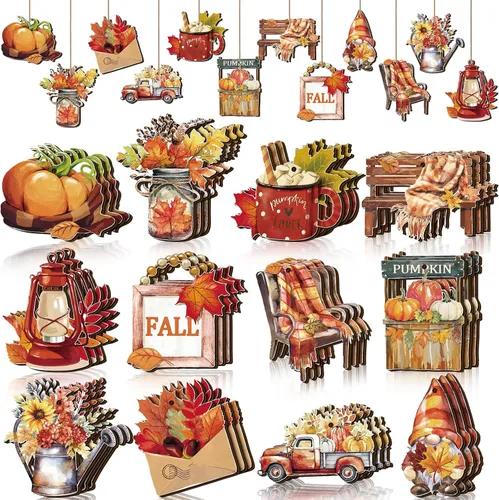 Miniatura 8 de Huwena 36 adornos de madera de Halloween para árbol, fantasma, cráneo, gnomo, calabaza, recortes de madera con cuerdas, decoraciones de árbol