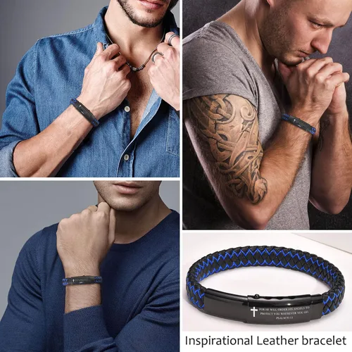 Miniatura 3 de VNOX - Brazalete ajustable de cuero trenzado azul hecho a mano con mantra inspirador para hombre, pulsera de estímulo, regalo motivacional