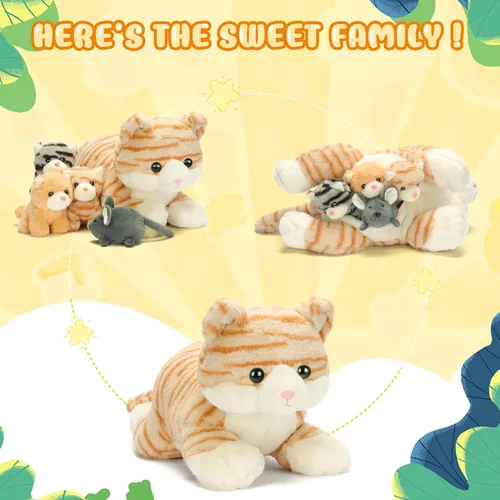 Miniatura 2 de IKASA Mamá gato atigrado naranja peluche mamá y gatitos bebé juguete de peluche lindo 16.5 pulgadas suave mamá pequeña juguete familiar con pequeños