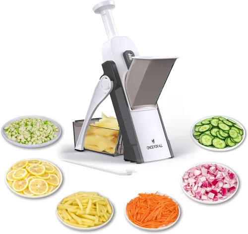 ONCE FOR ALL - Mandolina segura y mejorada plus, picador ajustable de alimentos y verduras, cortador de papas fritas, hoja desmontable, utensilio de