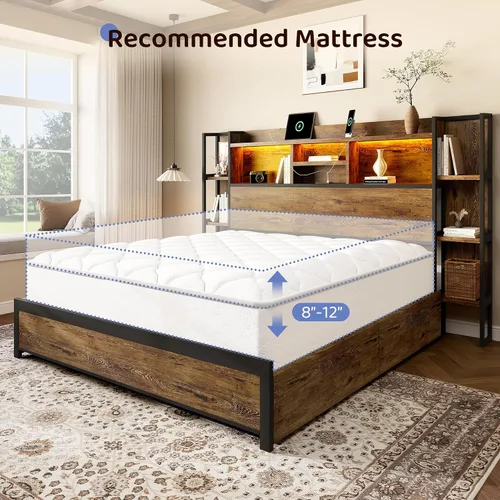 Miniatura 8 de BRELTAM Base de cama tamaño King con 4 cajones de almacenamiento y cabecero con almacenamiento de estantes, marco de cama de plataforma de madera