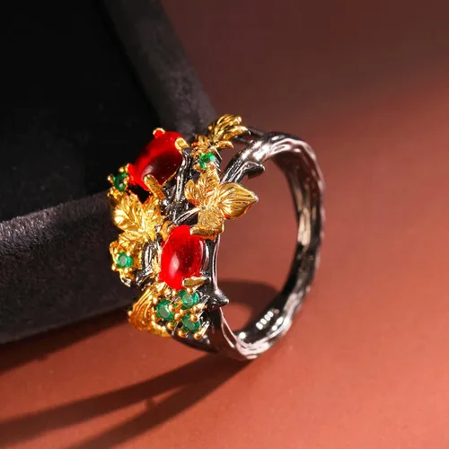 Miniatura 3 de Gothic Ruby Black Rings Women - Colorful Rhinestone Golden Leaf Copper Rings