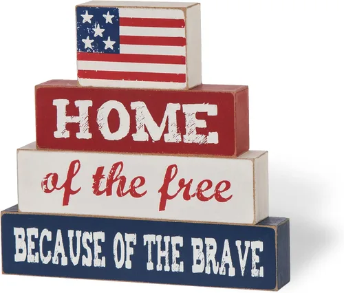 Miniatura 7 de Glitzhome Bandera estadounidense de 8 pulgadas de alto, decoración patriótica del hogar de los libres por el valor de madera para el 4 de julio, Día