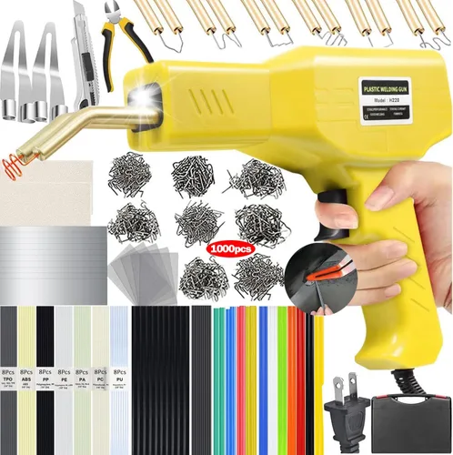 Soldador de plástico de 220 W, kit de soldadura de plástico 2 en 1, 1000 piezas de grapas calientes, kit de reparación de plástico con 100 varillas
