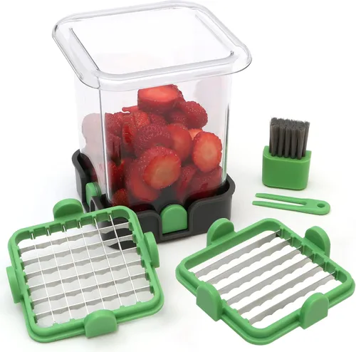 Cortador de fresas - Cortador de frutas con recipiente - Picador profesional de alimentos suaves - Cortador de frutas desmontable con placa de