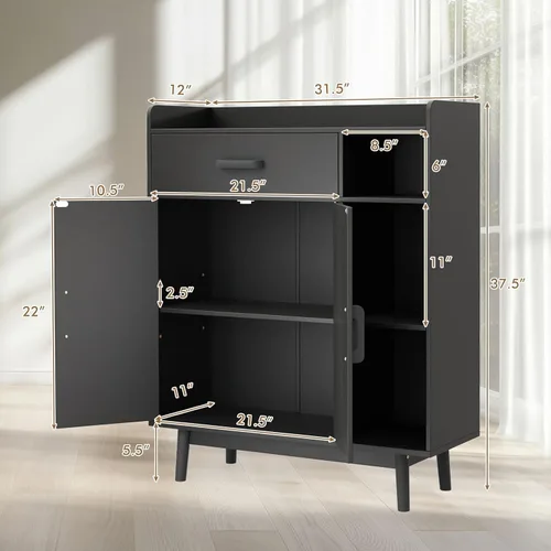 Miniatura 3 de Giantex Gabinete de Almacenamiento de Piso, Armario Independiente con 1 Cajón, 2 Puertas, 3 Estantes, 4 Patas de Madera de Caucho, Aparador, Unidad