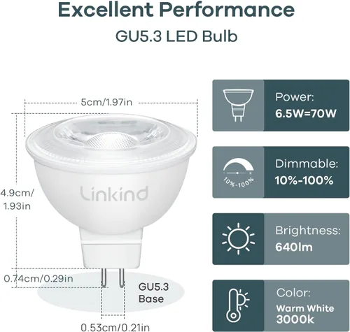 Miniatura 2 de Linkind Bombilla LED MR16 regulable, GU5.3 con base de dos pines GU5.3, 6.5 W (equivalente a 70 W) 3000 K blanco cálido 640 lm MR16, luces