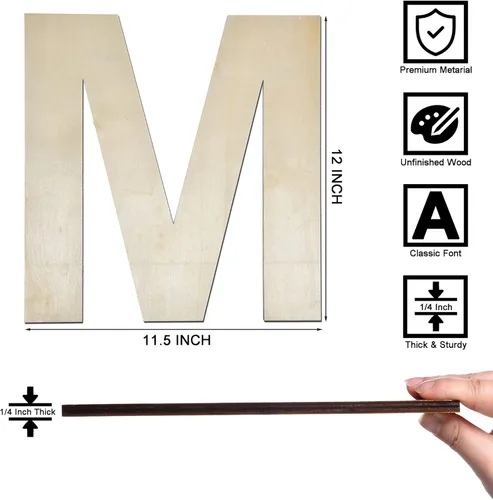 Miniatura 2 de Letra M de madera de 12 pulgadas de grosor, letra de madera grande sin terminar de 1/4 de pulgada de grosor para decoración de pared del hogar