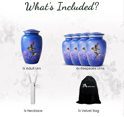Miniatura 4 de Juego de 6 urnas funerarias decorativas de colibrí para cenizas de adultos hombres y mujeres, incluye 1 urna grande con 4 urnas conmemorativas